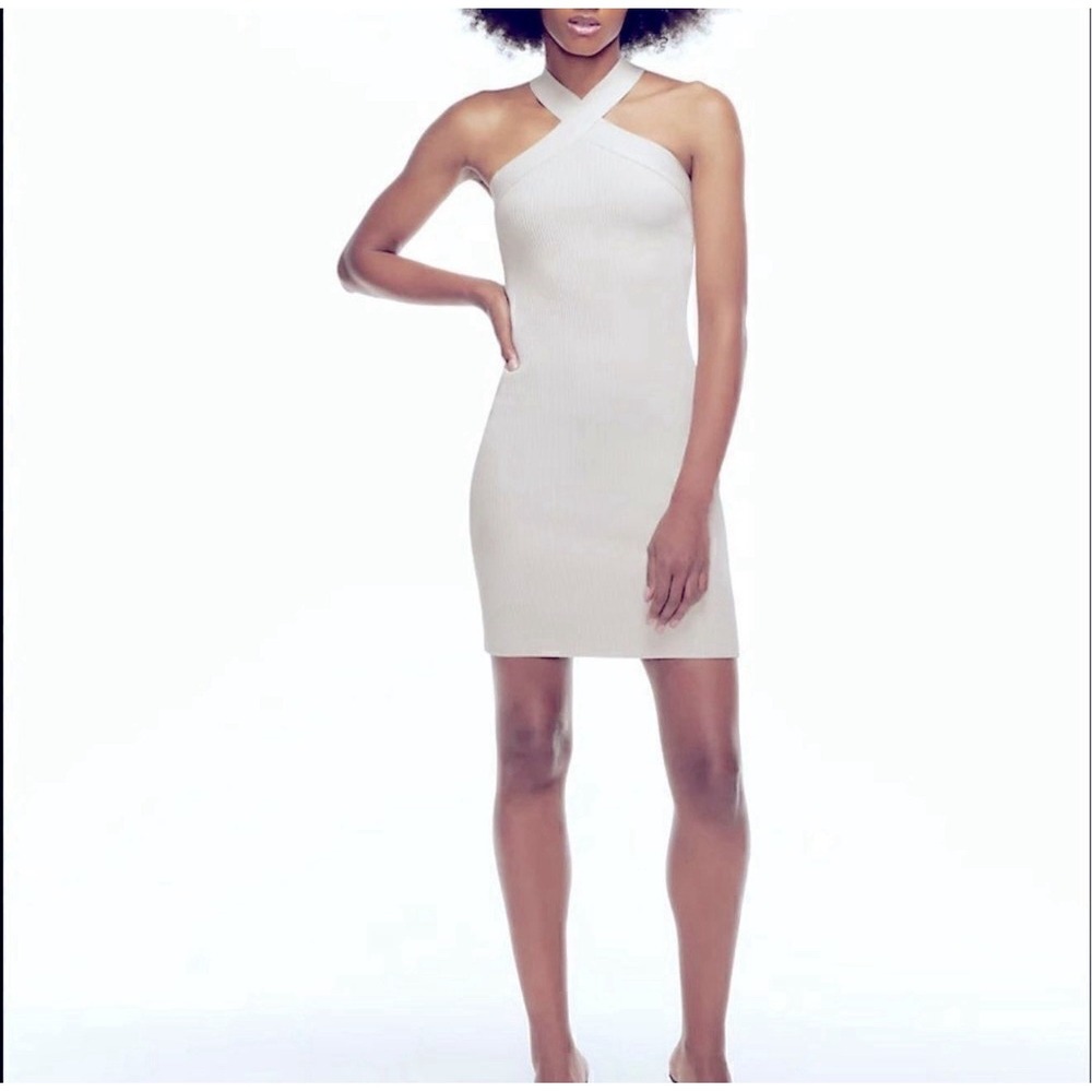 NWT House of Harlow 1960 Revolve Ribbed Knit Mini Dress Cross Halter White M